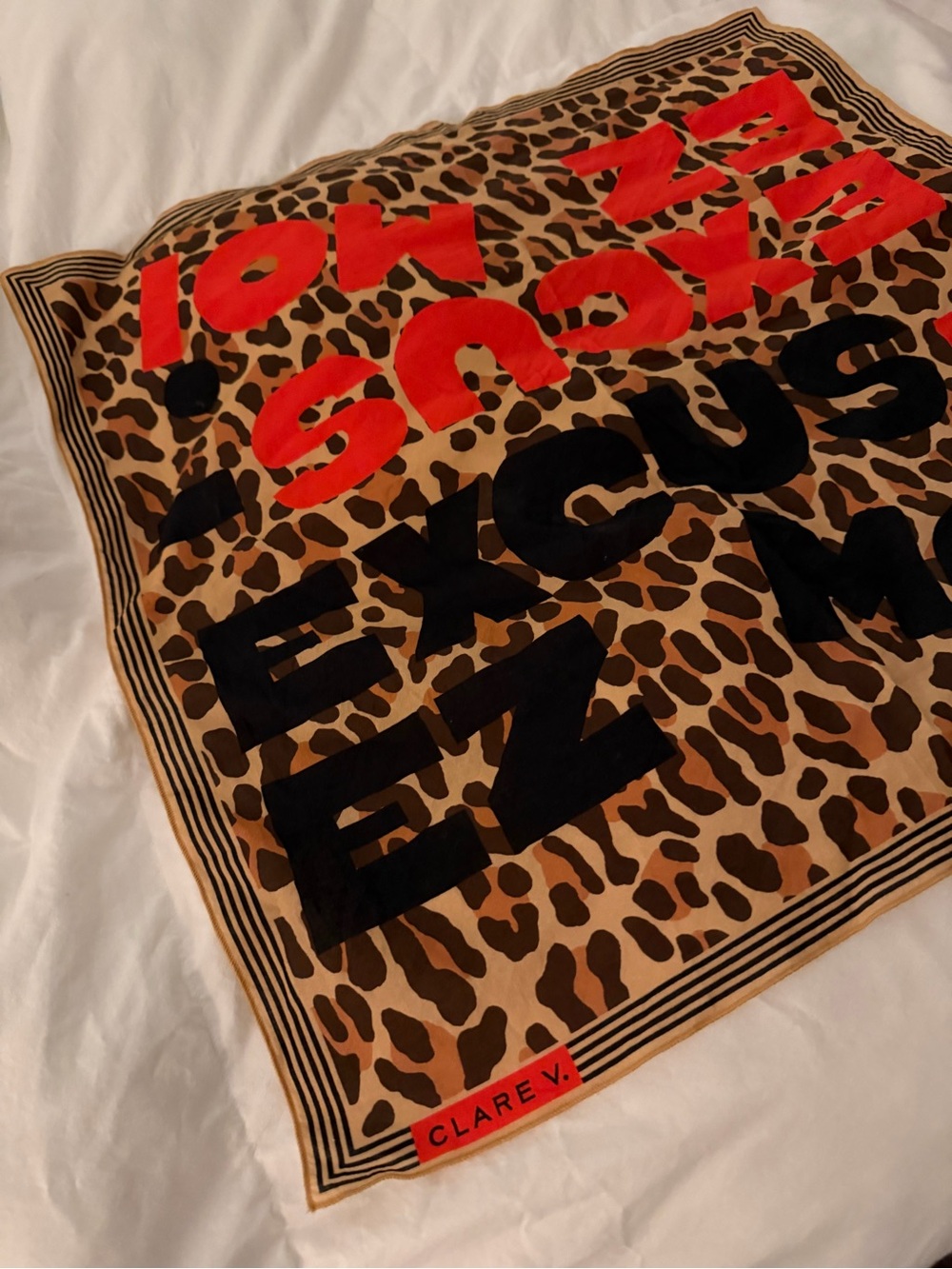Clare V. Leopard Print Scarf with Red and Black Lettering